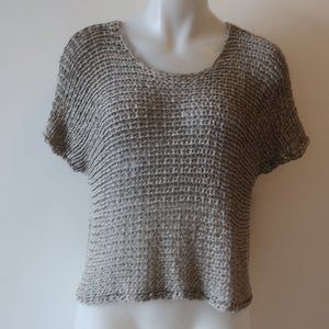 WOMENS EILEEN FISHER GREY SEMI-SHEER PULLOVER CROCHET SHORT SLEEVE TOP XS *